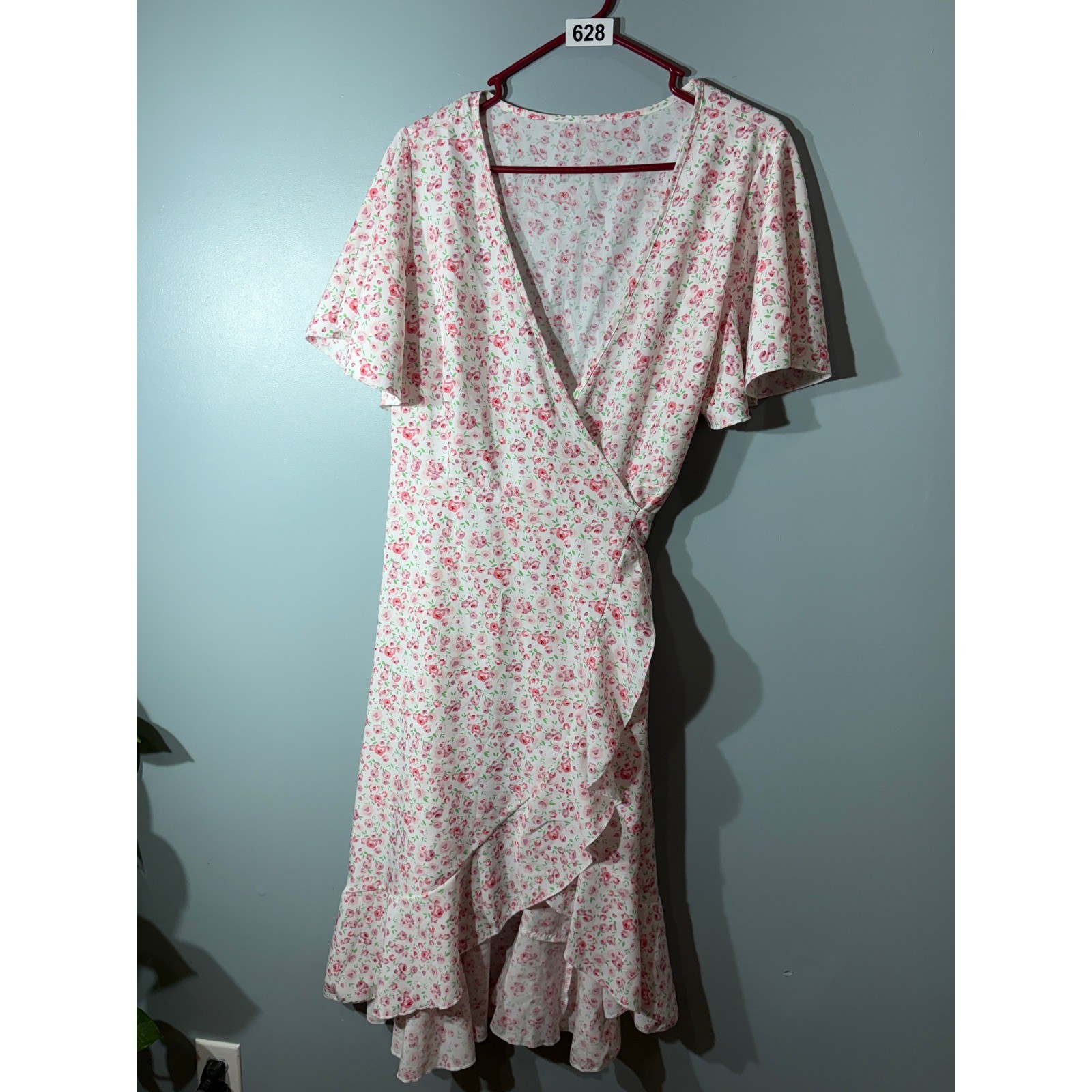 Womens Pink Floral Wrap Dress V-Neck Flutter Sleeve Ruffle High Low Midi Dress