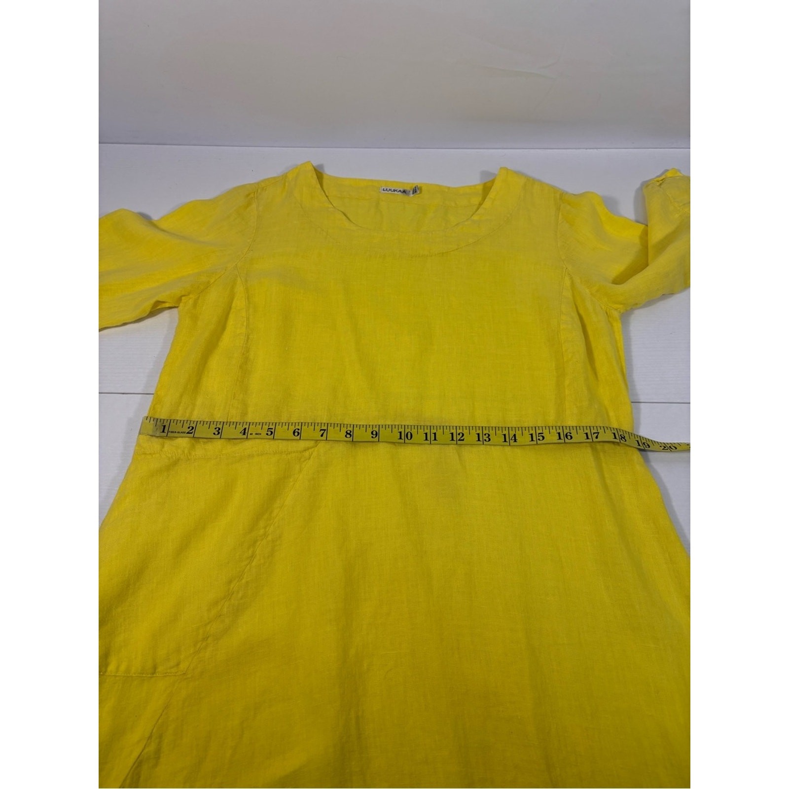 Luukaa Yellow Linen Balloon Pocket Midi Dress Lagenlook Art to Wear Size 12