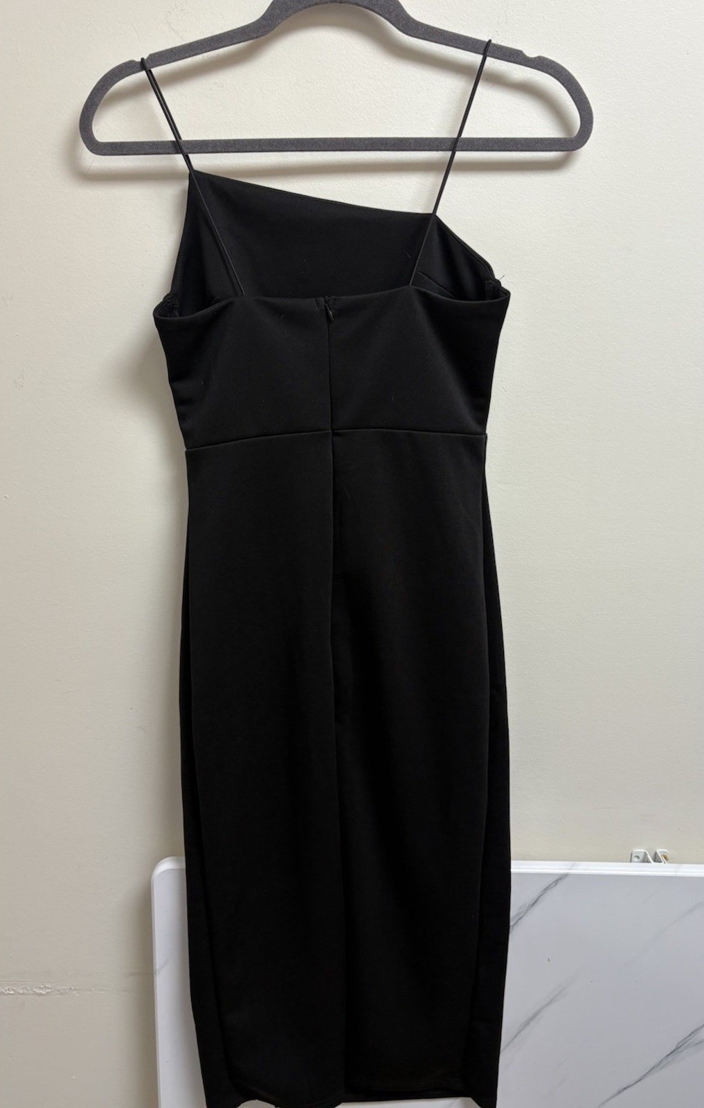 Small Black Asymmetrical Midi Dress Front Slit Minimalist Clean Girl Trendy