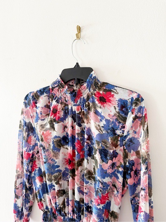 MISA Savannah Chiffon Floral Print High Low Long Sleeve Dress Size Small (S)