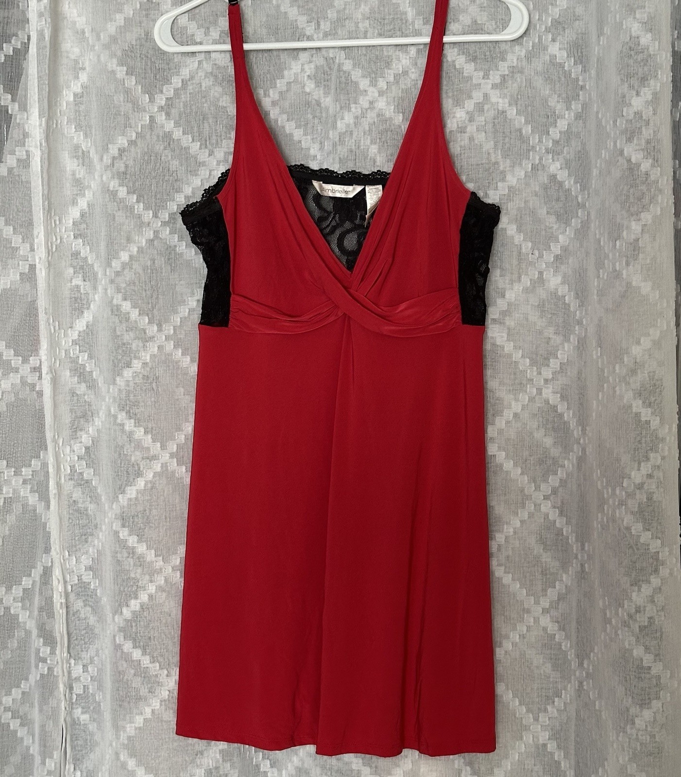 VTG Red Babydoll Slip Dress Black Lace Trim Size Large Glam Goth Sexy Holiday