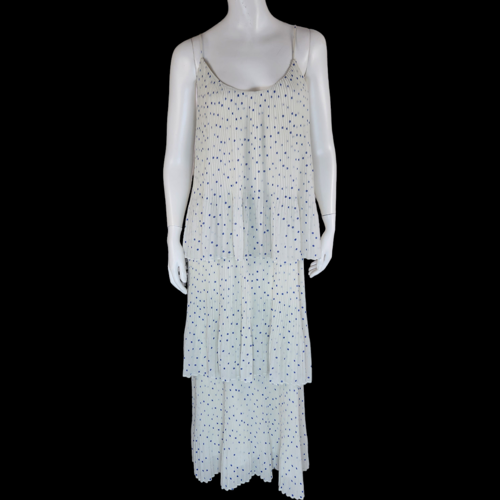 NWT Samsoe Samsoe Womens Large White Pleated Blue Polka Dot Maxi Dress Tatiana