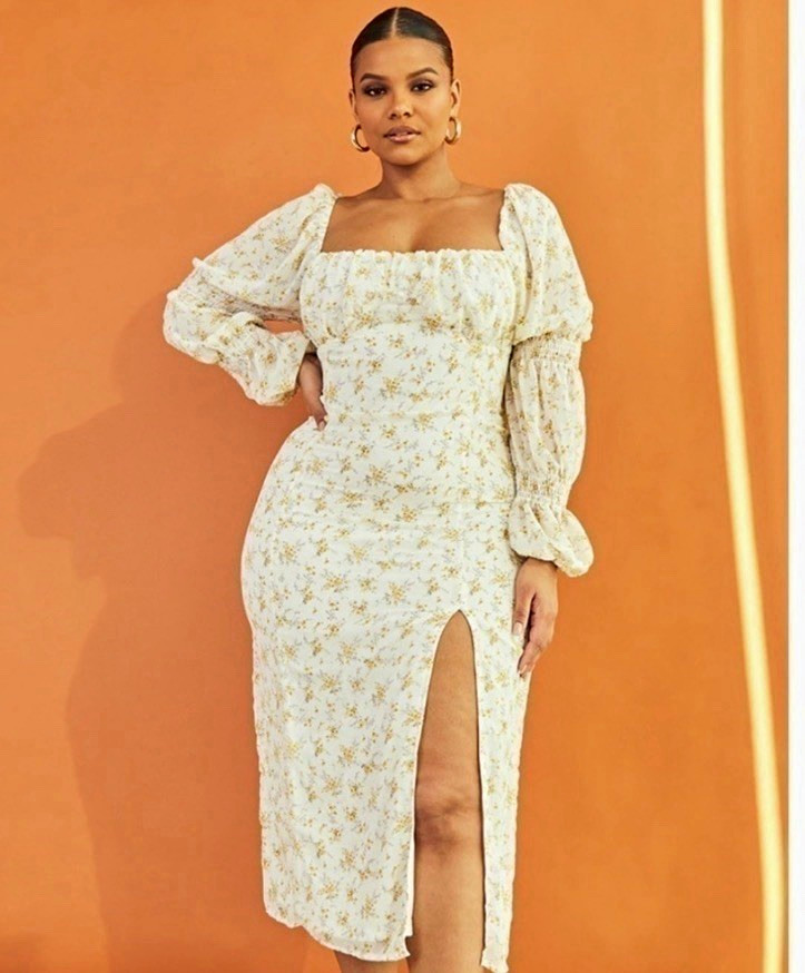 PrettyLittleThing new White Yellow Floral Square Neck Puff Midi Dress USA 14
