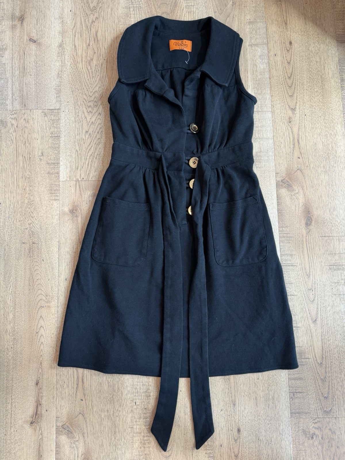 Voom by Joy Han Black Cotton Shirt Dress Collared Sleeveless Belted Pockets L