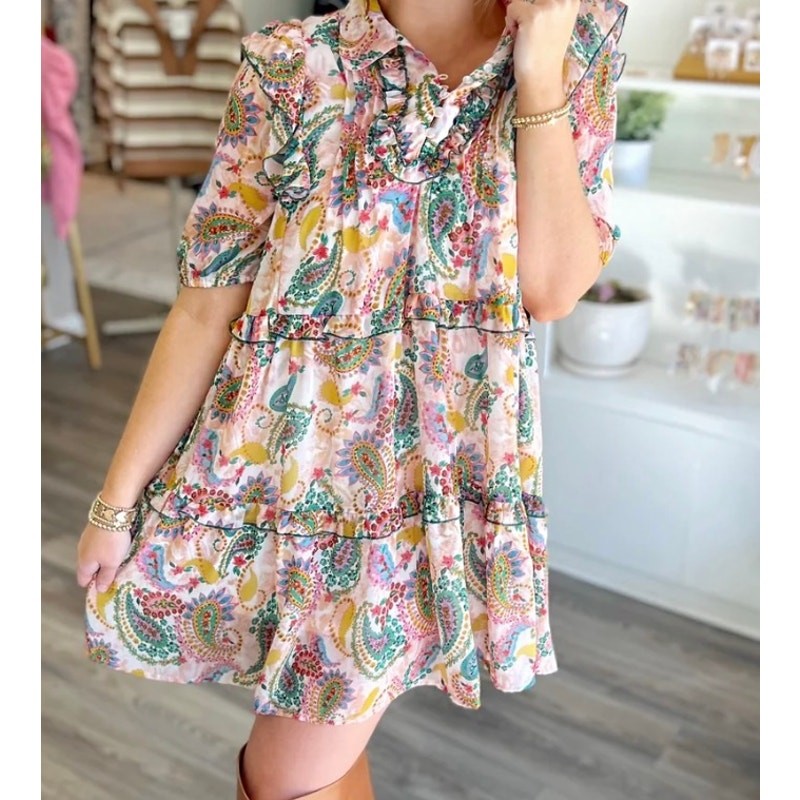Floral paisley printed mini dress with short puff sleeves and stitched details