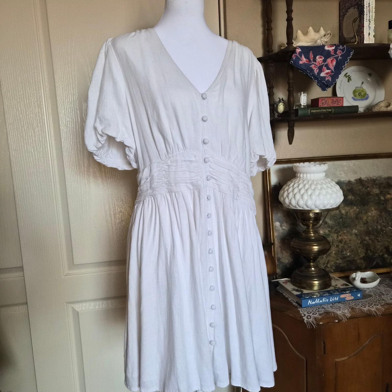 LOFT Ann Taylor White Cottagecore Linen Dress Size 12