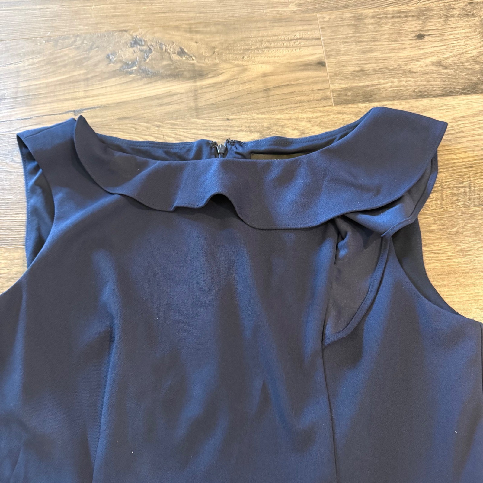 Nine West Navy Blue Ruffle Neck Sleeveless Sheath Dress Size 12 Career Cocktail