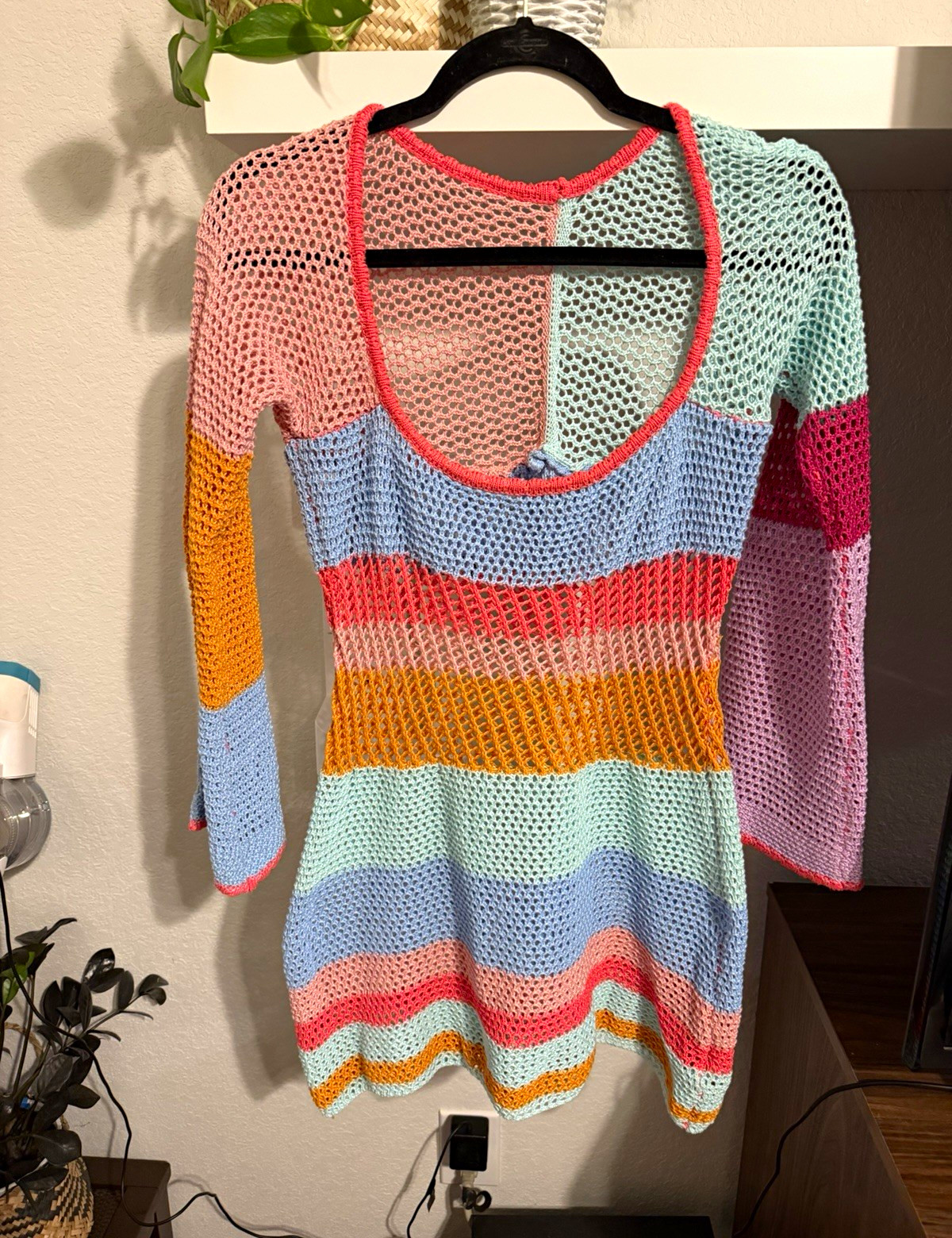 Multicolor Striped Open Knit Square Neck Long Sleeve Sweater Mini Dress Size M
