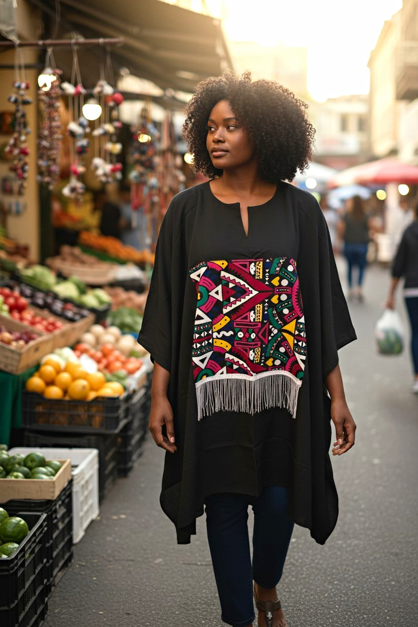 Women’s Black/Multicolor Geometric Tunic Midi Dress One Size 3/4 Sleeve Fringe