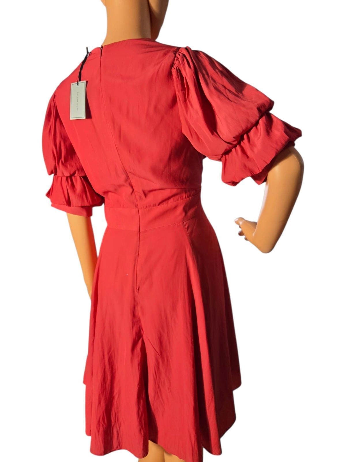 1.STATE M Red Solid V-Neck 3/4 Puff Sleeve Short A-Line Dress Zip Ruffle