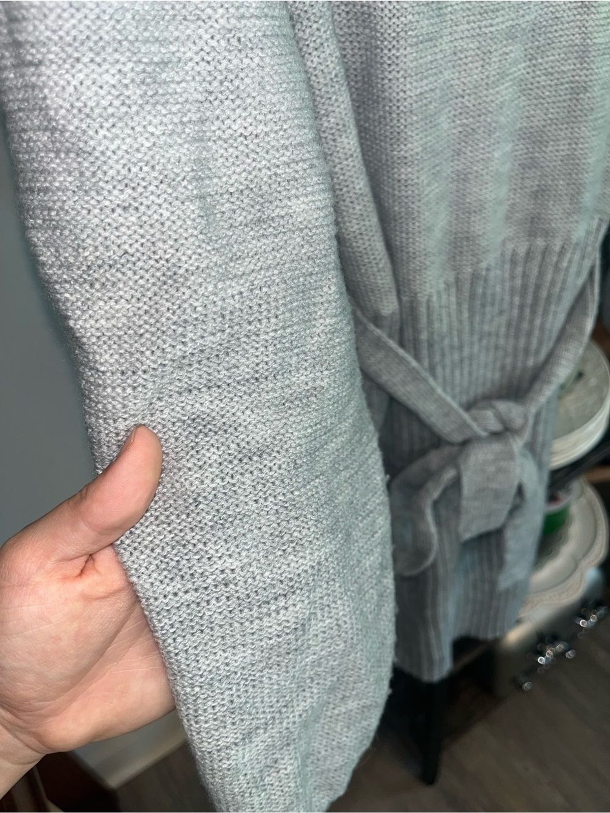 No Comment Cable Knit Tie Waist Balloon Sleeve Dress Light Gray Wrap Belted