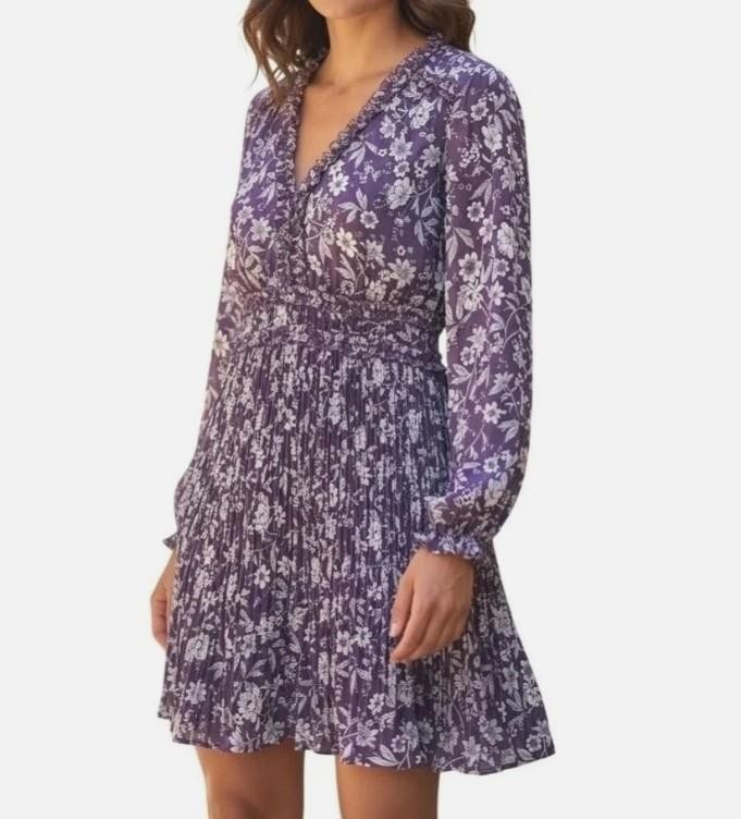 NEW NWT Purple Floral Sz Large Ruffled Pleated Silky Long Sleeve Mini Dress CATO