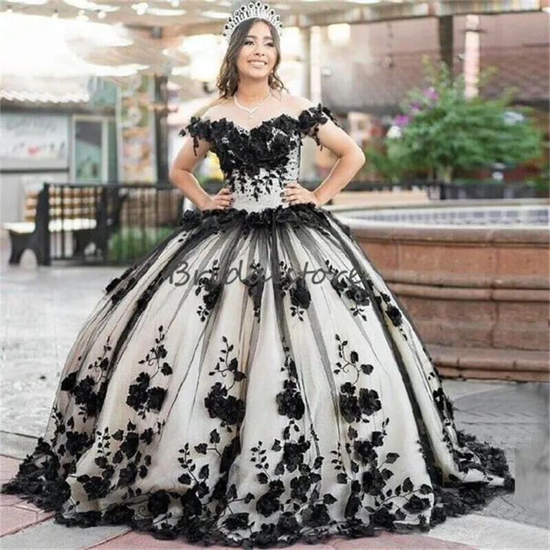 Black 3D Florals Quinceanera Dresses Charro 2024 Luxury Flower Vestidos