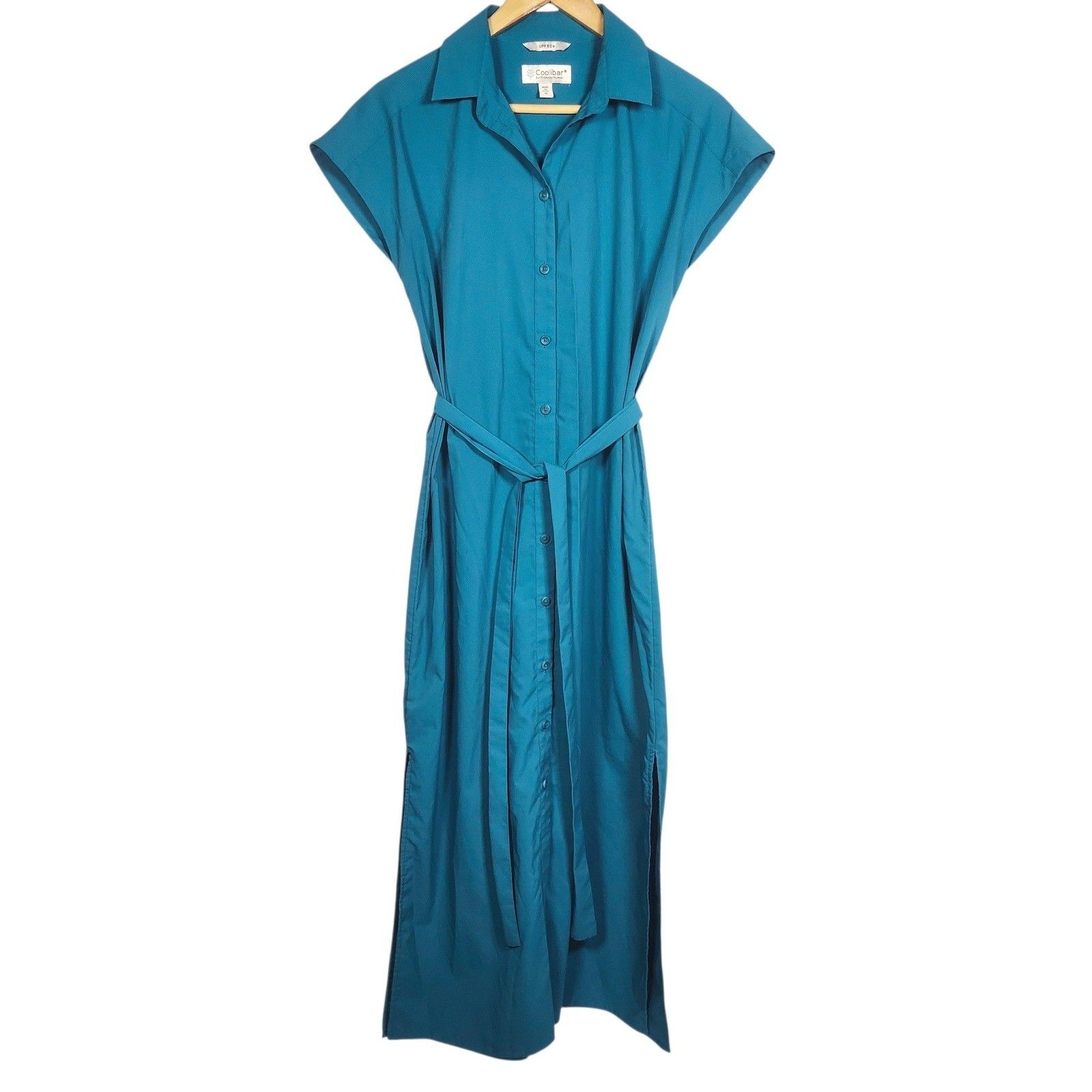 Coolibar Espanola Way Button Front Midi Dress Size Med Teal UPF 50 Casual Resort