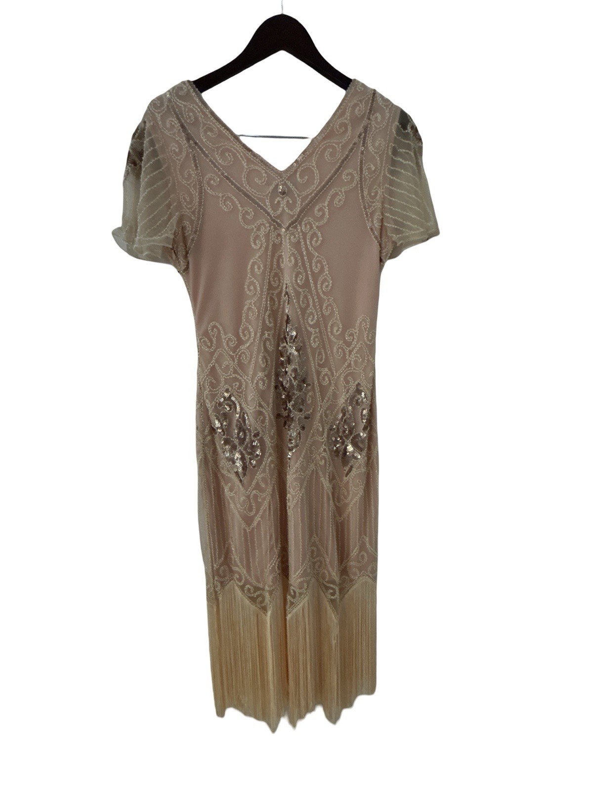 PrettyGuide Rose Gold Sequin Fringe Flapper Dress V-Neck Midi Size M Great Gatsb