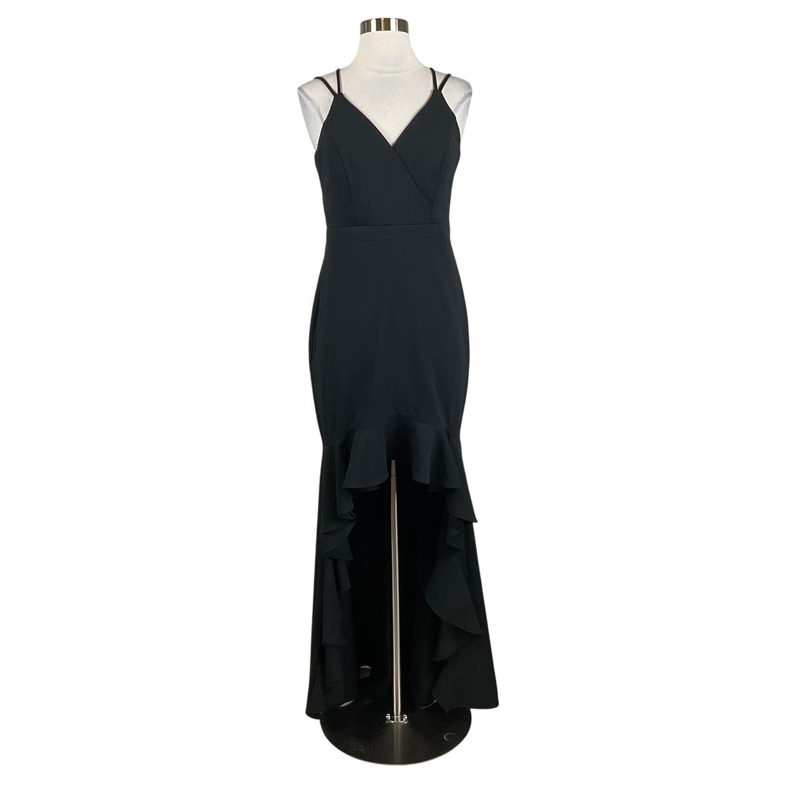 XSCAPE Black Evening Gown Ruffled High Low Sleeveless Sheath Dress Size 8