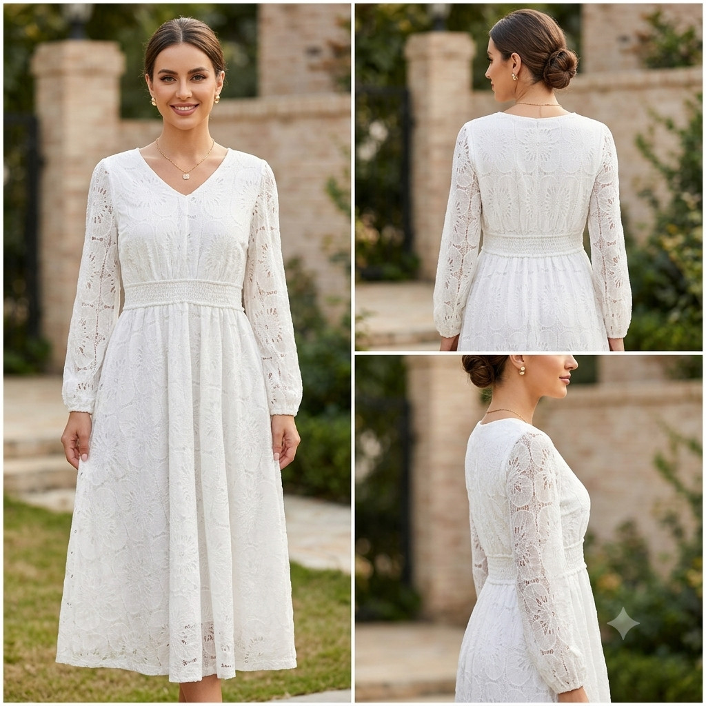 Fit & Flare Midi Dress Womens L White Long Sleeve Smocked Waist Floral Lace NWT