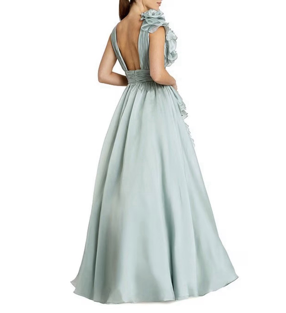 Mac Duggal Light Blue Chiffon One-Shoulder V-Neck Ruffle Long Gown Size 2