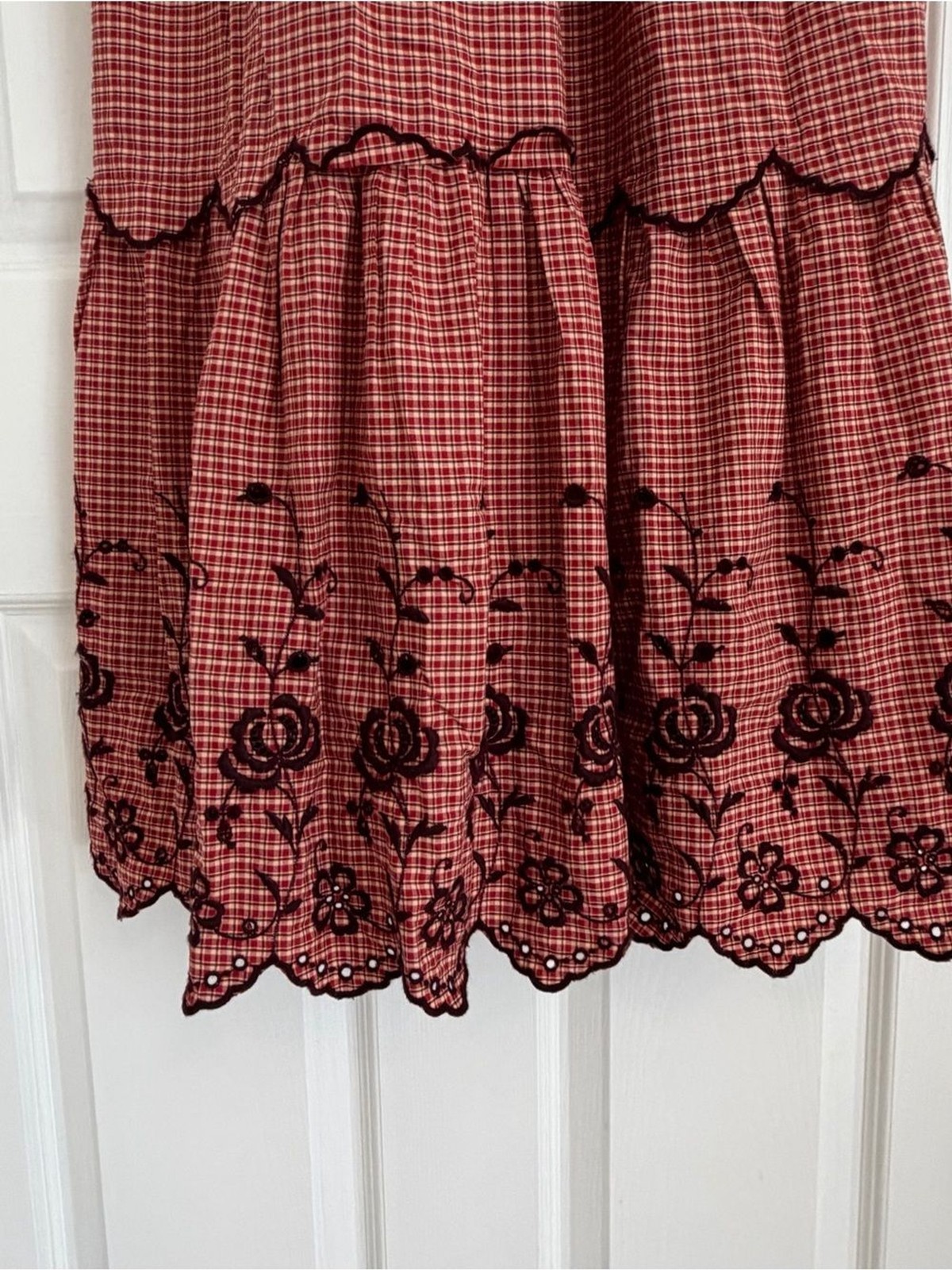 Madewell NWOT Red Gingham Embroidered Puff Sleeve Bow Back Midi Dress Size 10