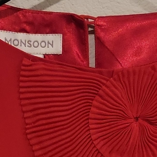 Monsoon Red Polyester Chiffon Pleated A-Line Flutter Sleeve Dress US 6