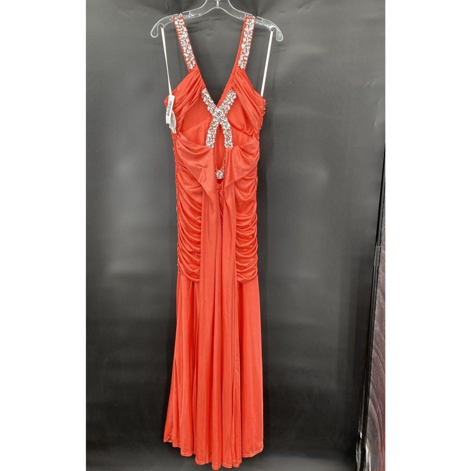 DEB Y2K Neon Coral Ruched Embellished V-Neck Formal Dress Maxi Gown Size 13 NWT