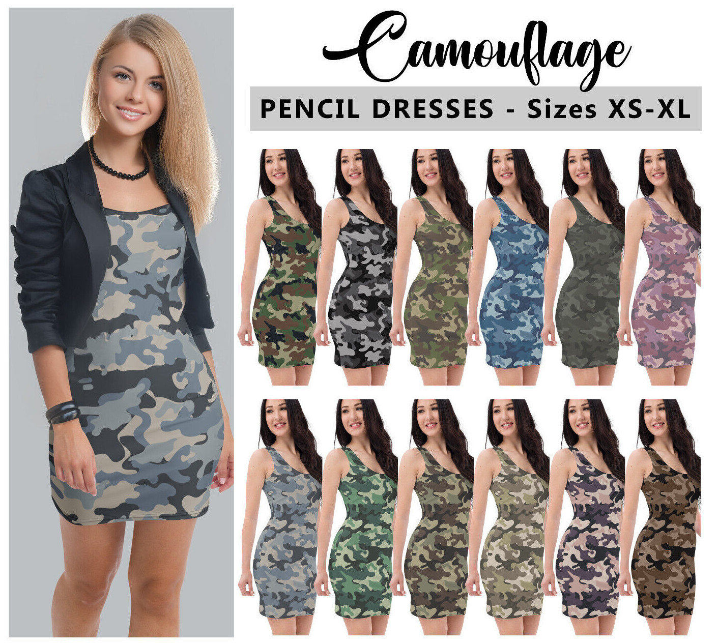 Camouflage Pencil Dress #1 – Camo Army Green Military Fashion Bodycon Dress Gift