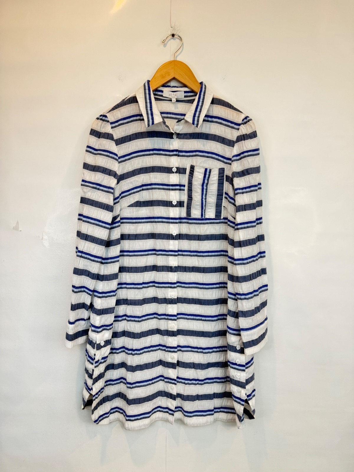 Pearl by Lela Rose Blue White Striped Button Front Tunic Shirt Dress Size Large