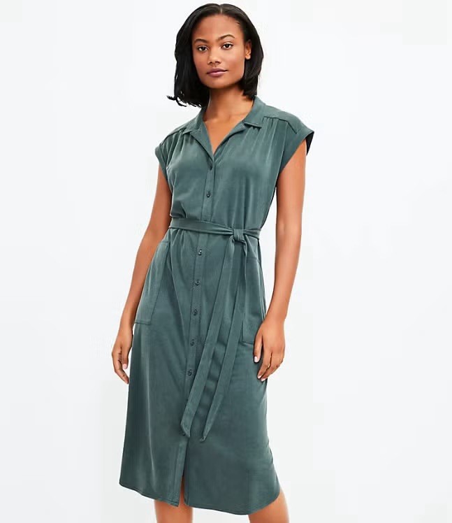 Lou & Grey Midi Shirt Dress Size XS Balsam Green Modal Blend Button Down Pockets