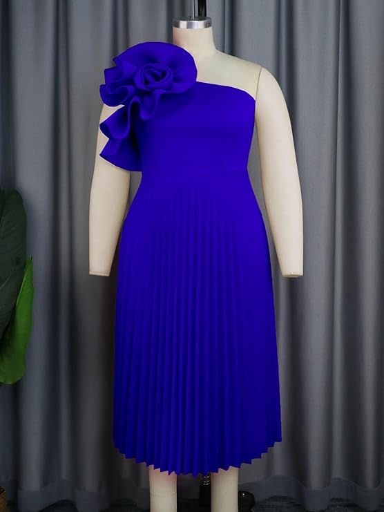 Aemei Women’s Rose Cold Shoulder Sleeveless Pleated A-Line Dress – Blue – 2XL