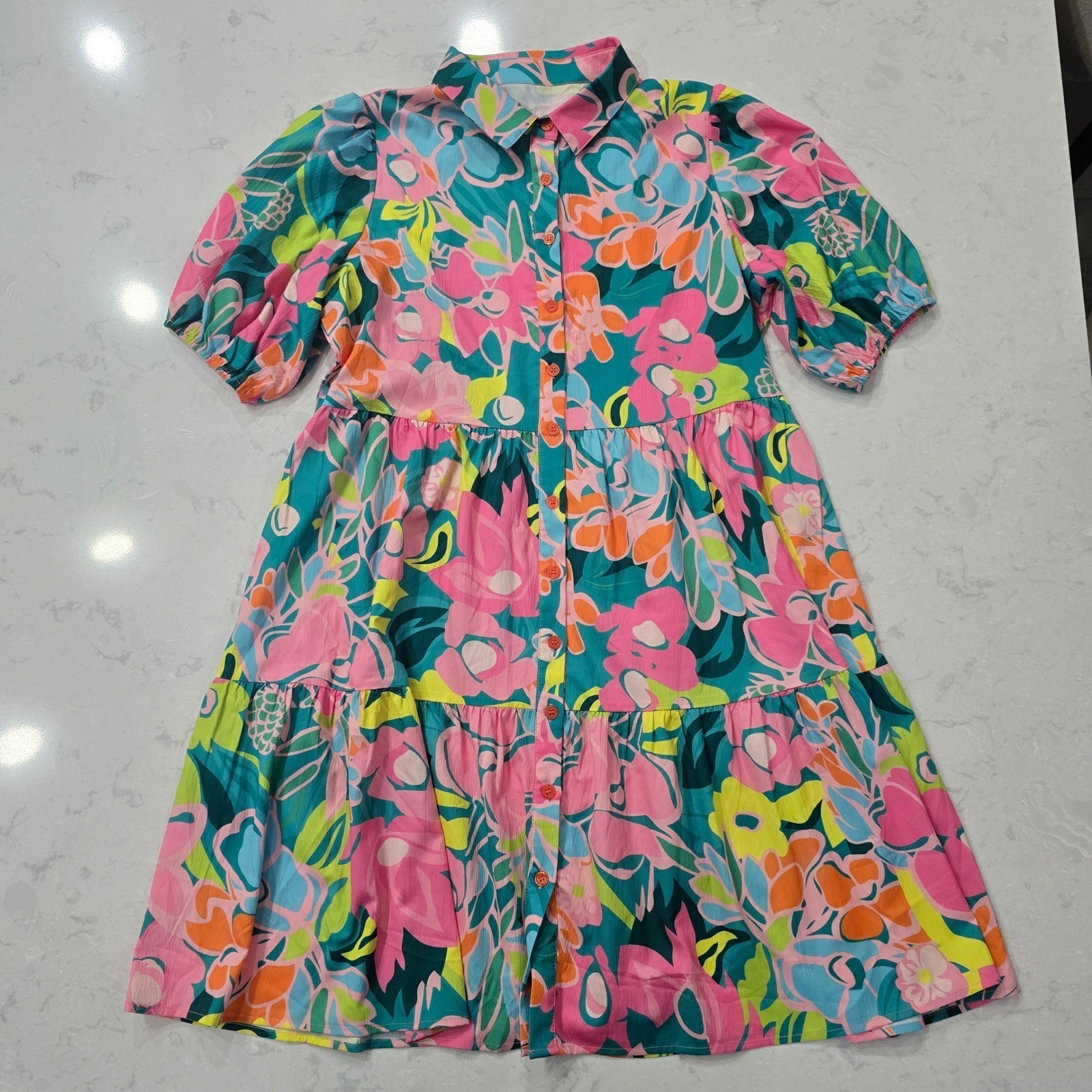 Whimsical Garden Party Colorful Floral Mini Dress | Puff Sleeve Babydoll Large