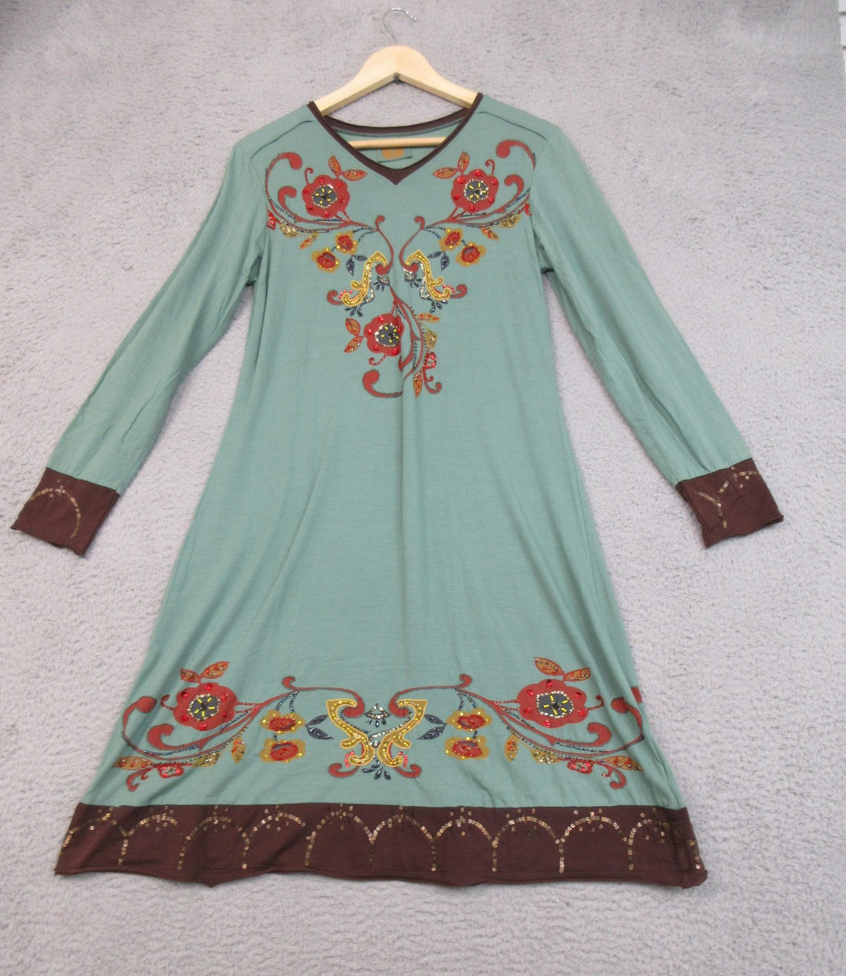 Double D Ranch Dress Womens XS Embroidered Beaded Floral Long Sleeve V Neck