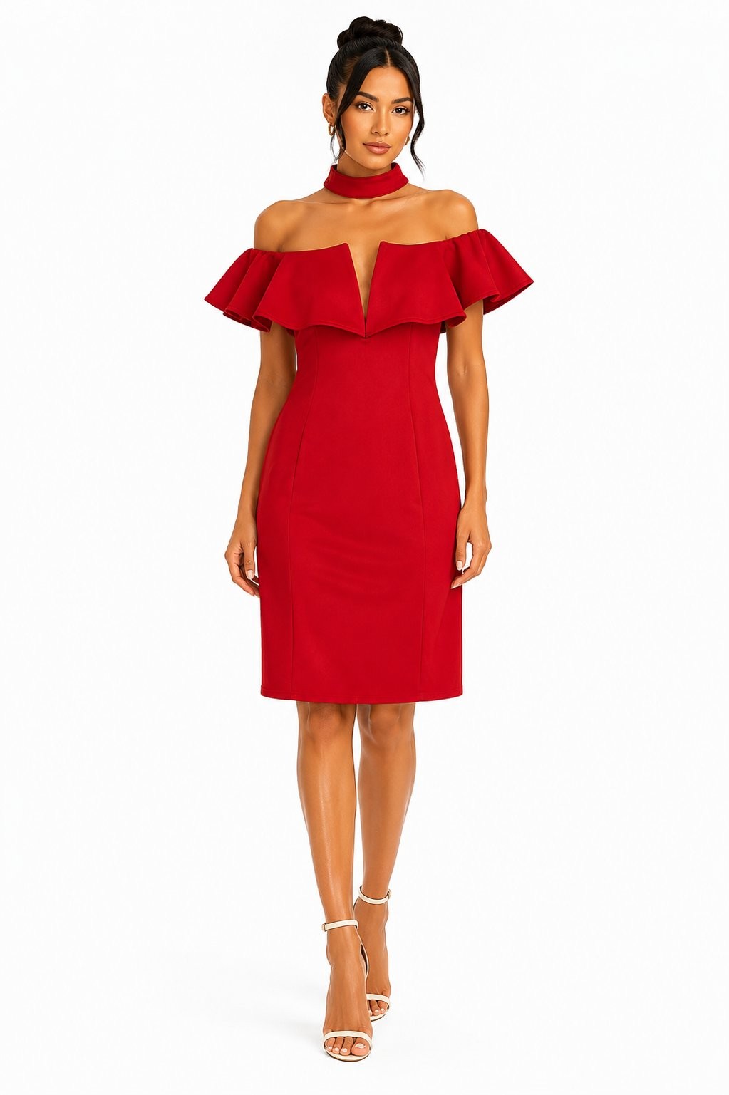 Rare London Red Off Shoulder Ruffle Dress Womens UK 12 Choker Frill Party Dress