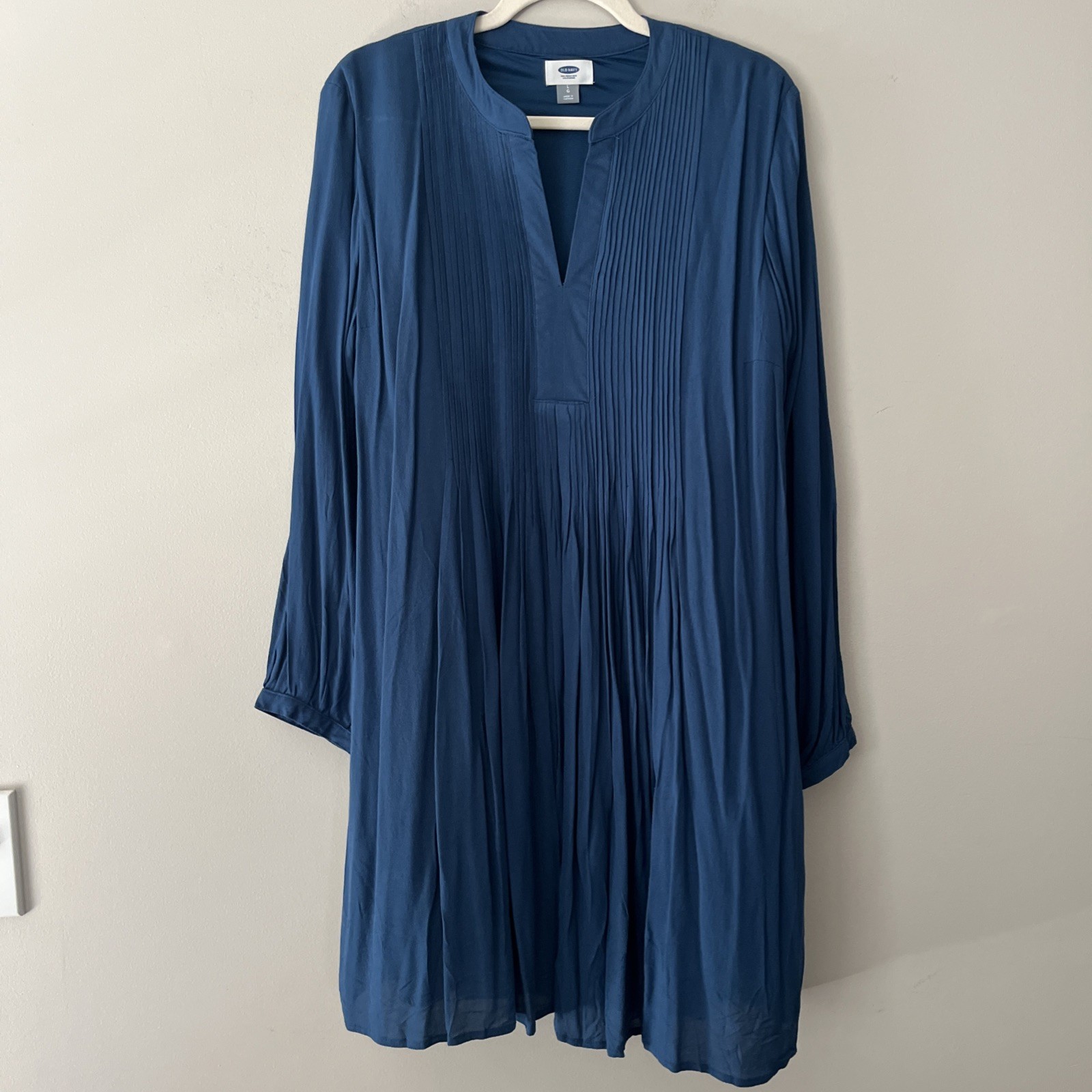 Old Navy Pintuck Swing Shift Dress L Teal Boho Long Sleeve Vneck Lined NEW