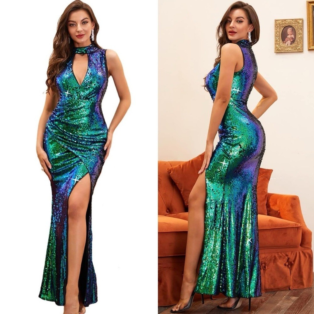 Elegant Sequin Evening Gown – Green and Blue