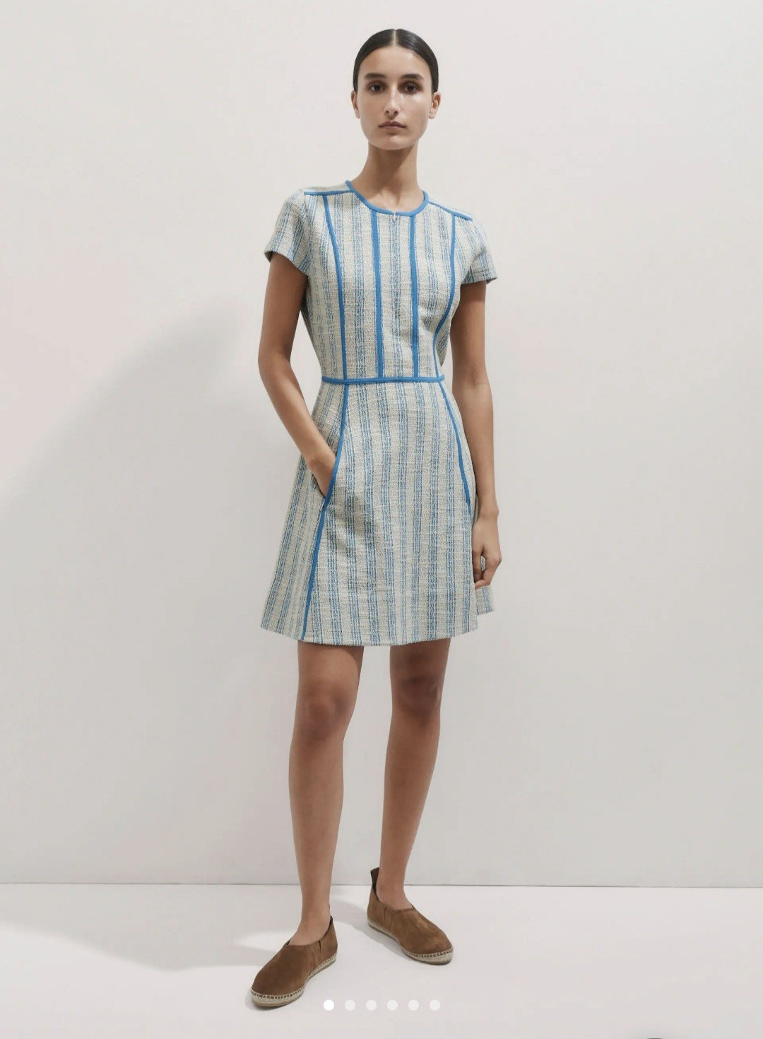 ME+EM Blue Beige Striped Round Neck Short Sleeve A-Line Short Dress US 6