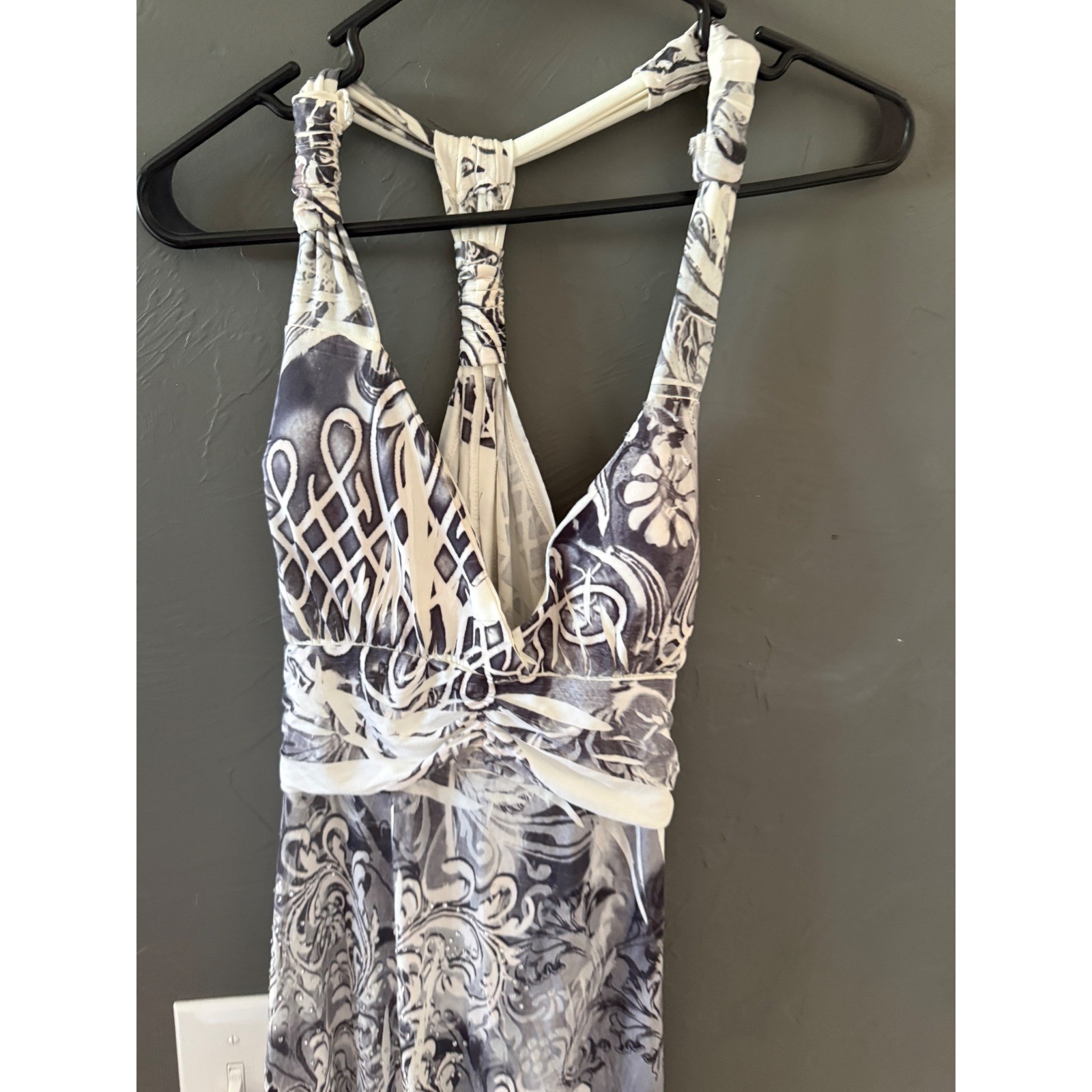 CristinaLove Gray Baroque Floral Rhinestone Handkerchief Hem Racerback Dress