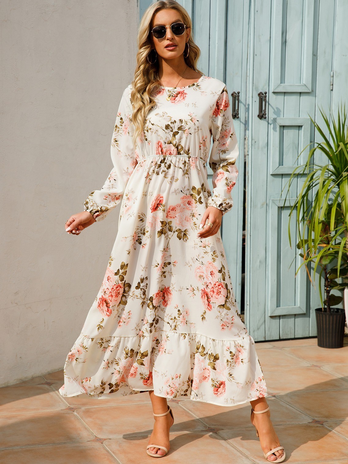 Spring summer Women Maxi dress Long sleeves Printed–M–Chest: 40 inches