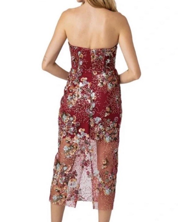 Sam Edelman Burgundy Floral Sequin Mesh Strapless Midi Sheath Dress Size 10