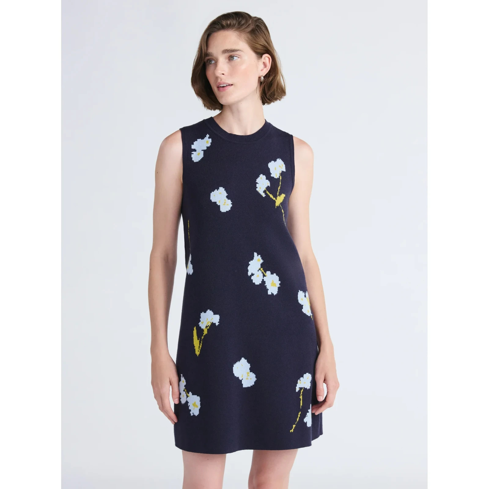 Free Assembly Women’s Sleeveless Navy Floral Jacquard Mini Sweater Dress M/L/2XL