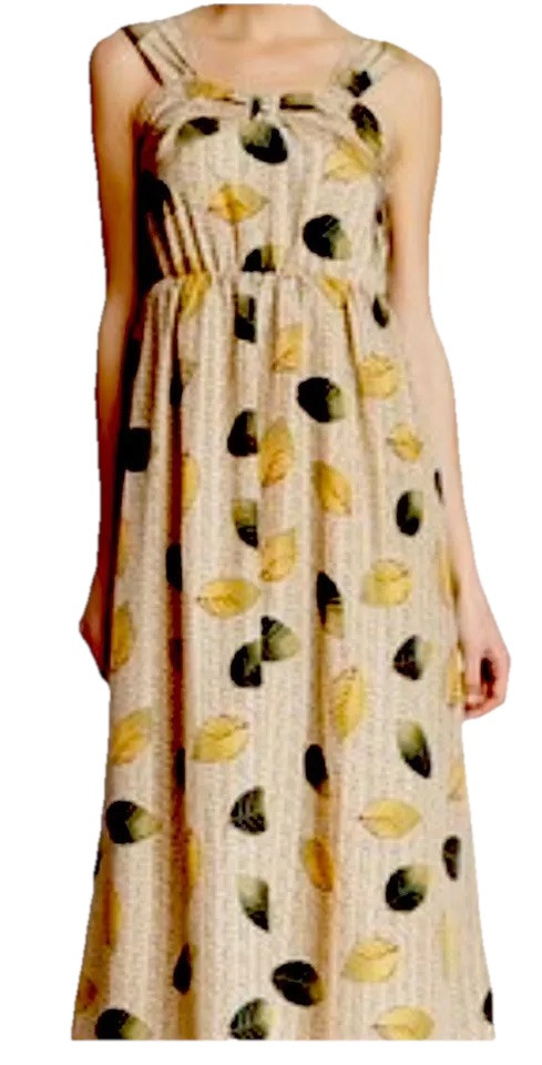 NEW Green Yellow SUNDRESS Leaves Print Sleeveless Maxi Flowy Stretchy Waist XL