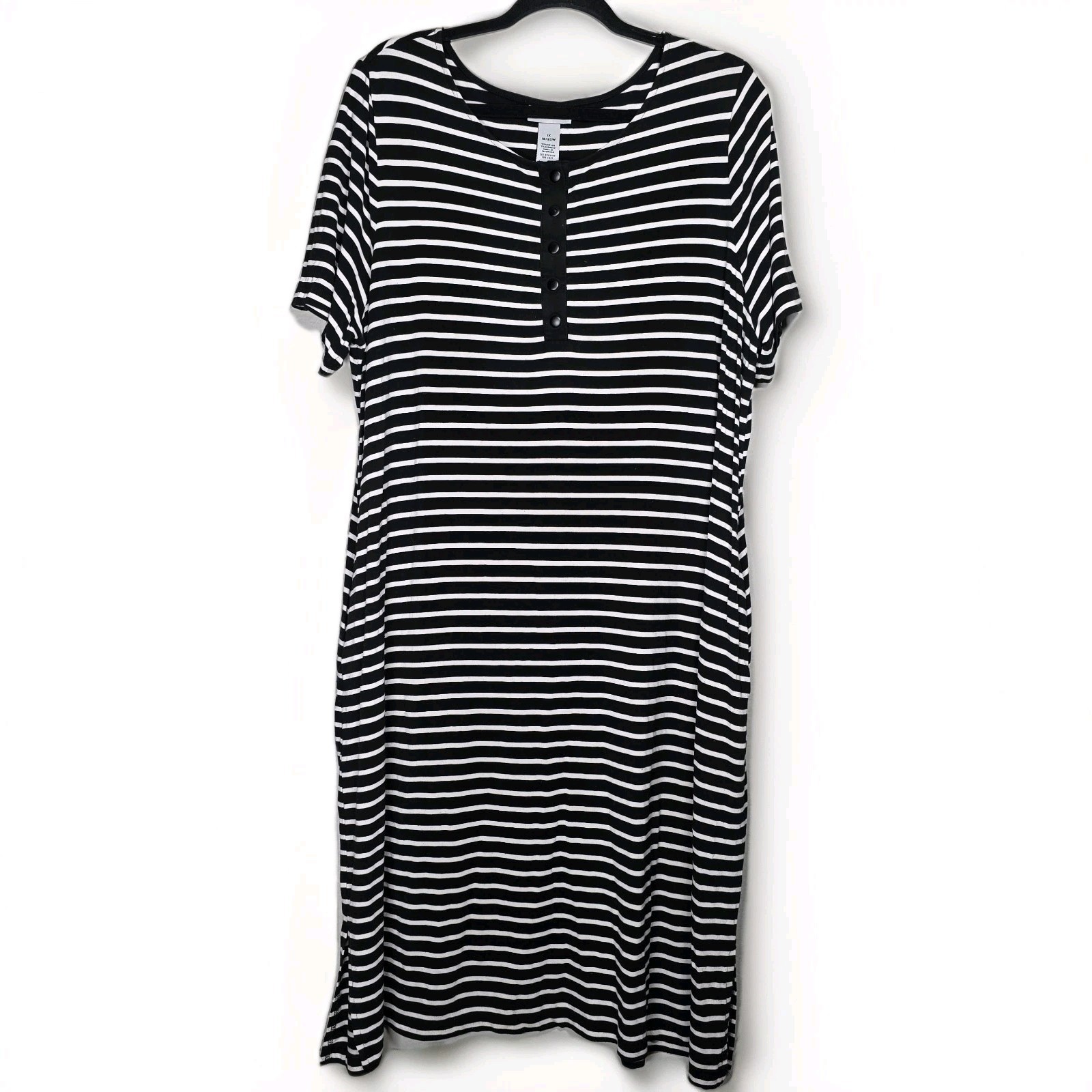 Catherines 1X Black White Striped Midi Shift Dress Pockets Stretch Casual