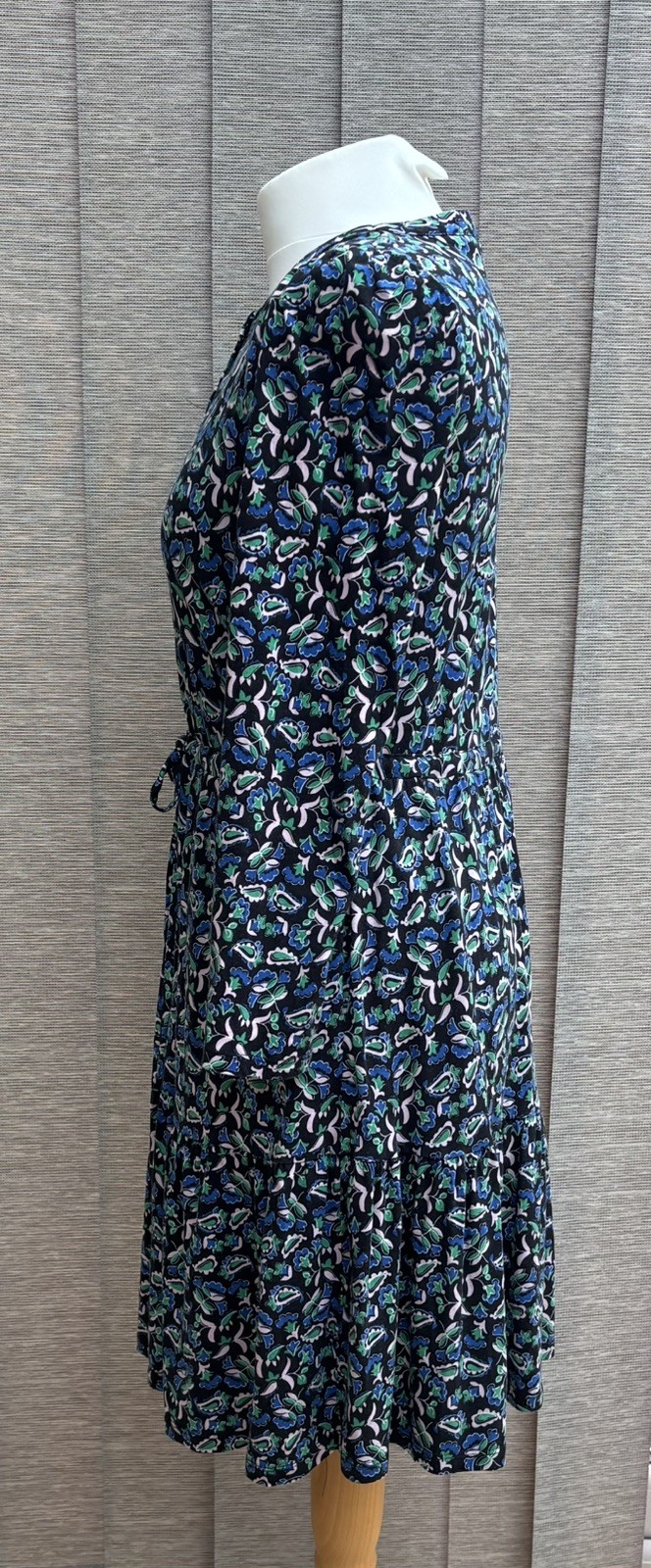 Boden Jersey Dress UK 12 P Blue Floral Tiered adjustable waist tie Long sleeve