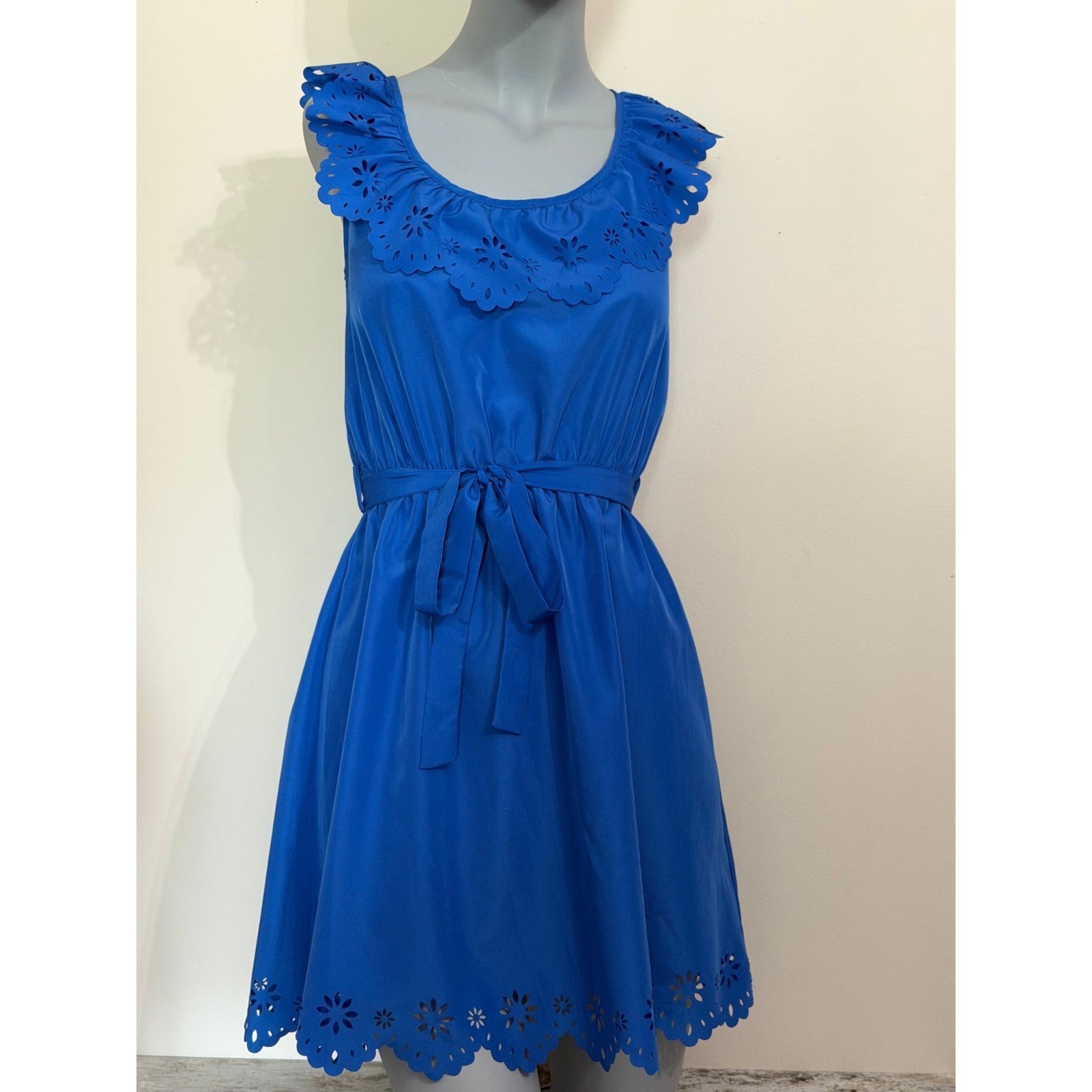 Blue Laser Cut Eyelet Sleeveless Dress Scalloped Hem Tie Waist Fit Flare Summer