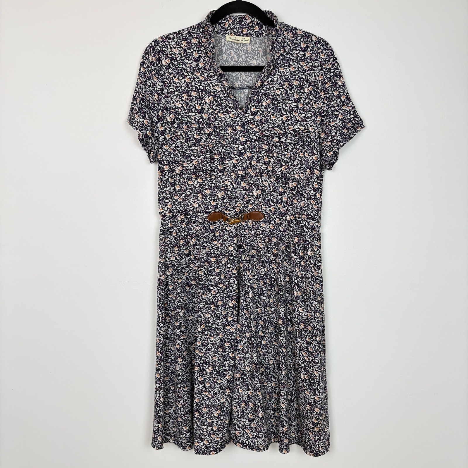 Indigo Rose Women Button Front Floral Dress L Navy Buckle Modest Office Church