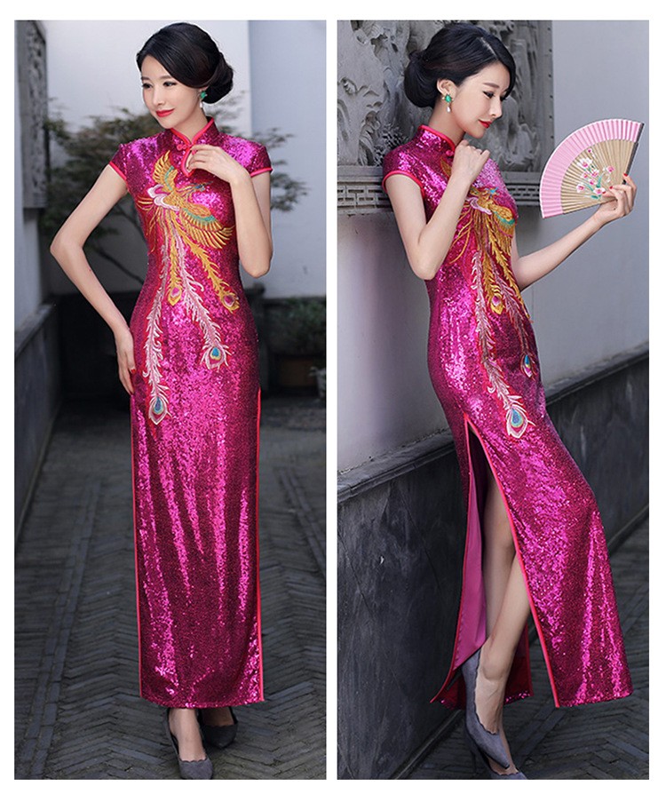 Women Sequined Mandarin Collar High Split Dress Phoenix Embroidered Cheongsam