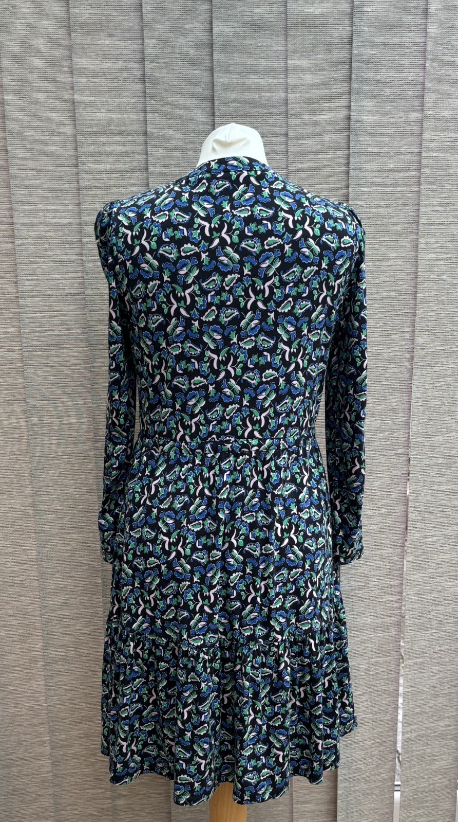 Boden Jersey Dress UK 12 P Blue Floral Tiered adjustable waist tie Long sleeve