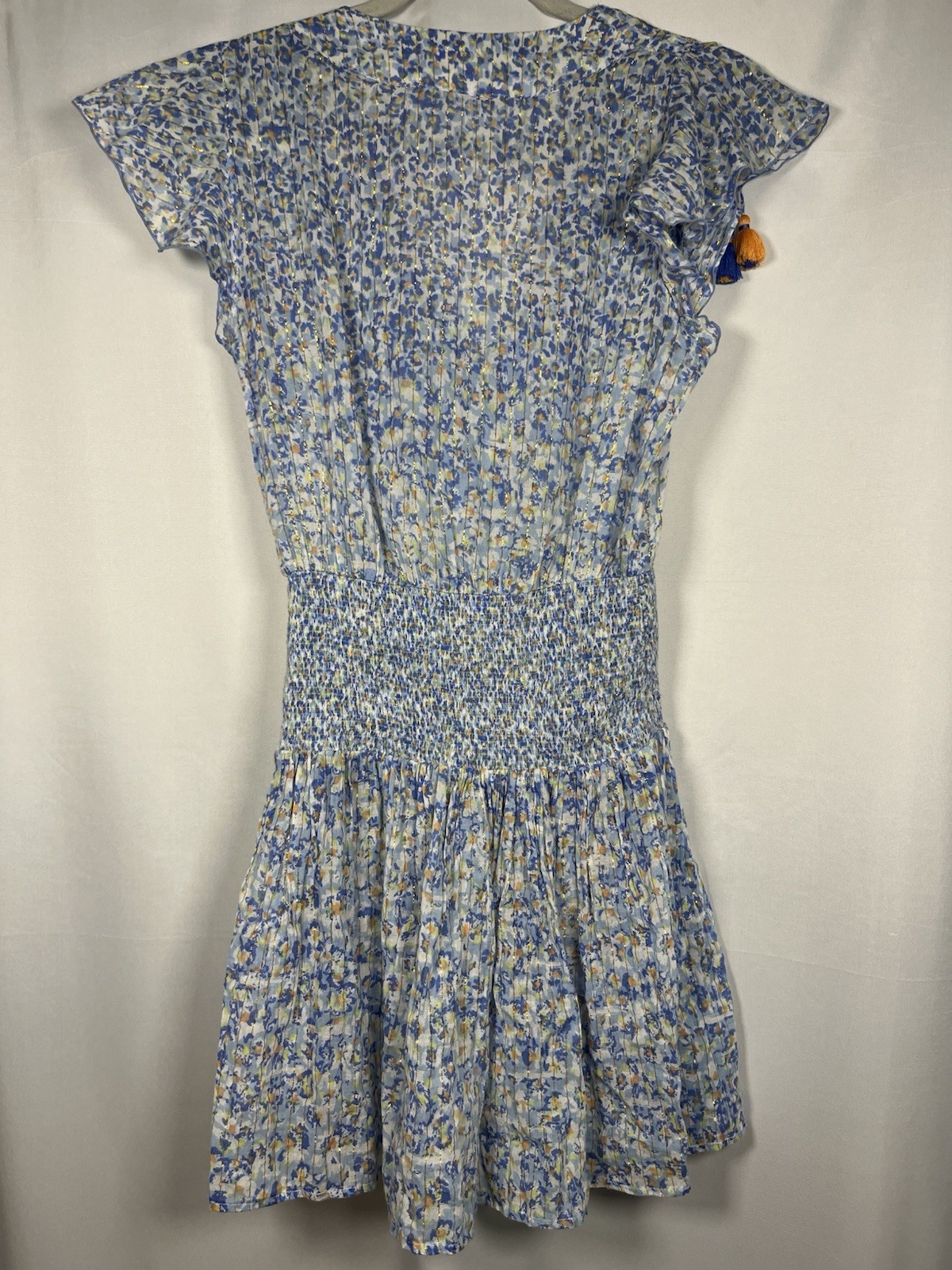 Poupette St Barth Rachel Blue Gold Lurex Floral Cotton Boho Mini Dress Sz Xs