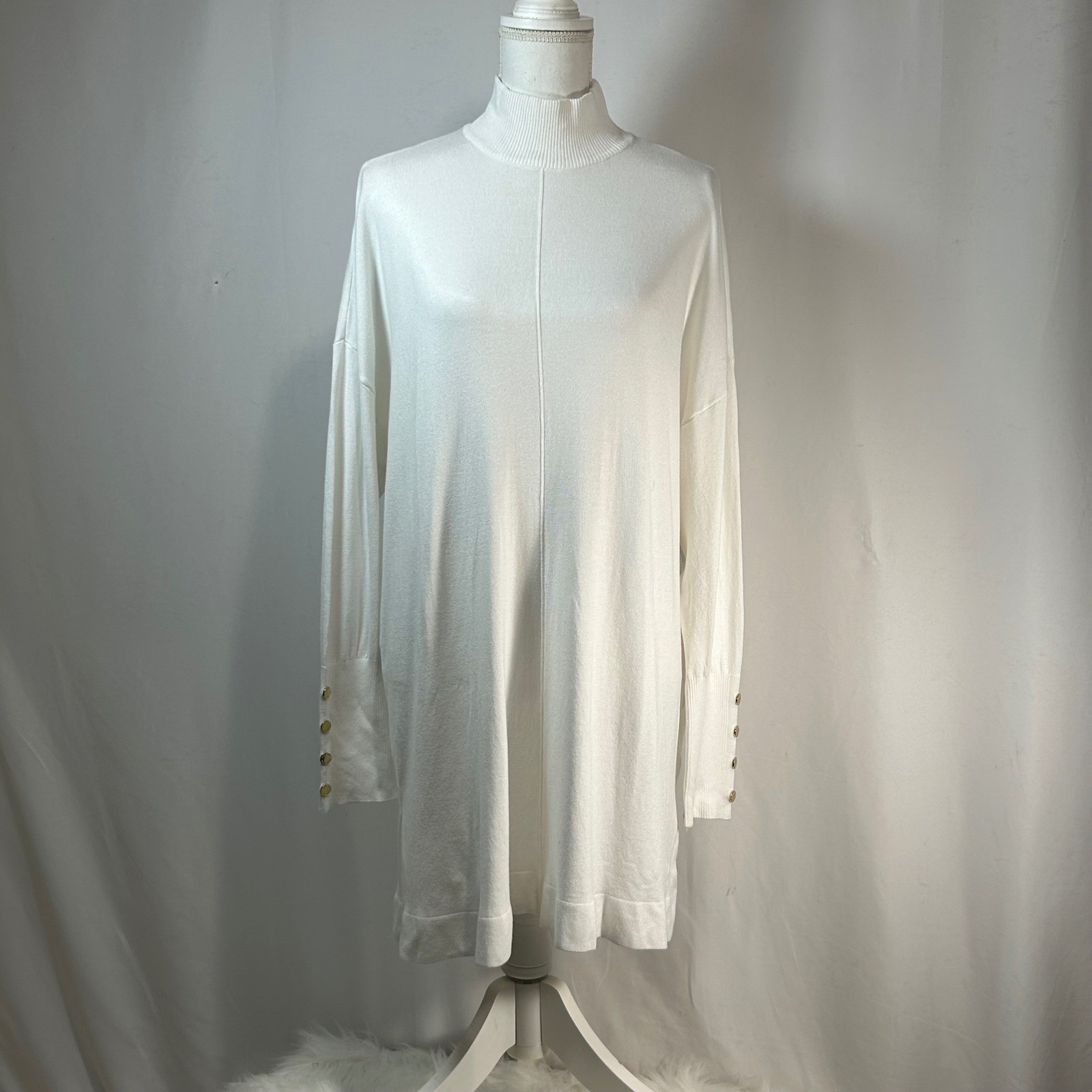 Anne Klein Ivory Mock Neck Tunic Sweater Dress Gold Button Cuff Women’s L