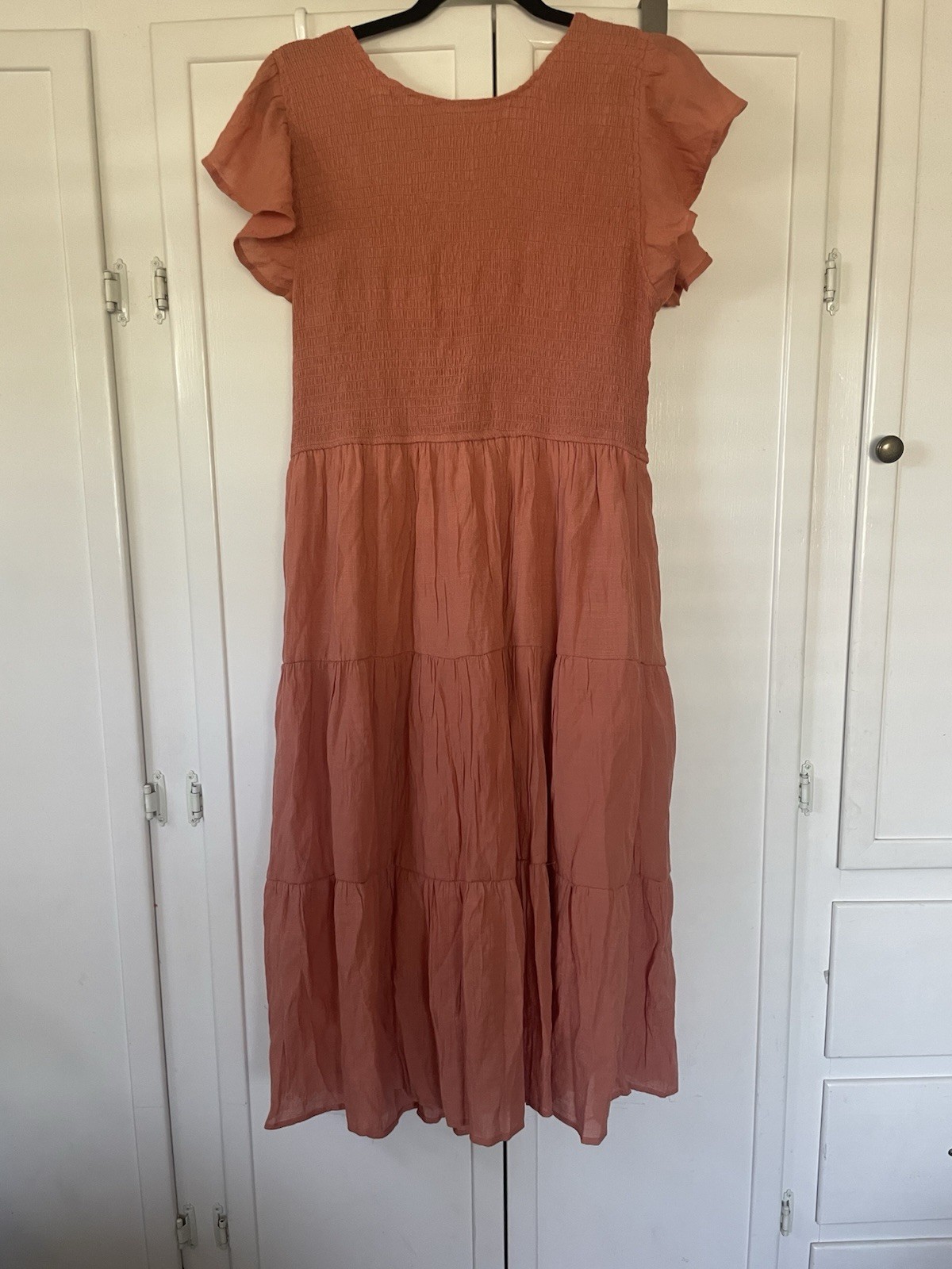 Perch by Blu Pepper Rust Smocked Stretch Ruffle Flutter Sleeve Midi Dress 2XL