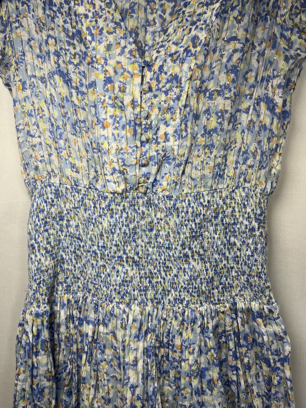 Poupette St Barth Rachel Blue Gold Lurex Floral Cotton Boho Mini Dress Sz Xs